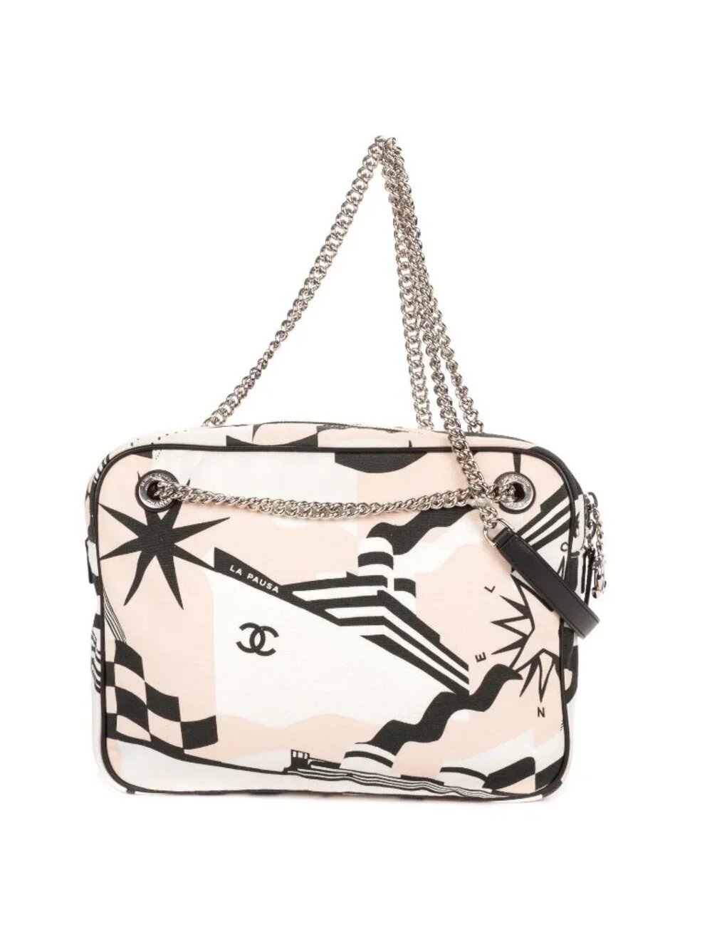 Chanel la Pausa Bay Camera Bag White Black Pink Printed Canvas